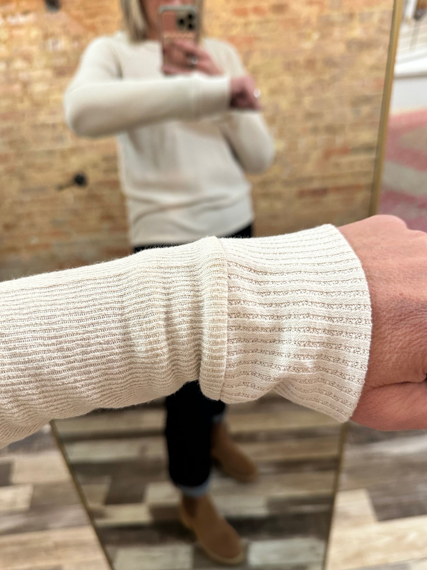 The Ivy Waffle Knit Round Neck Fabric Block Top