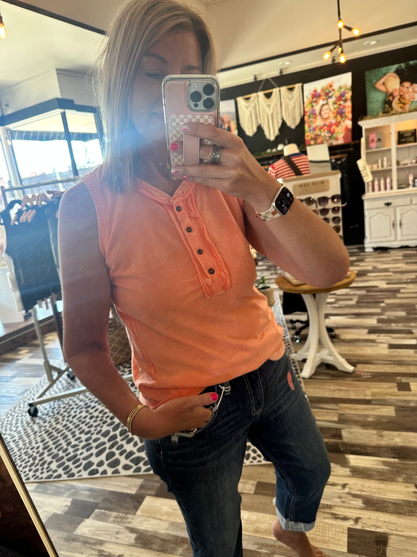 Washed Half-Button Raw Edge Sleeveless Henley Top