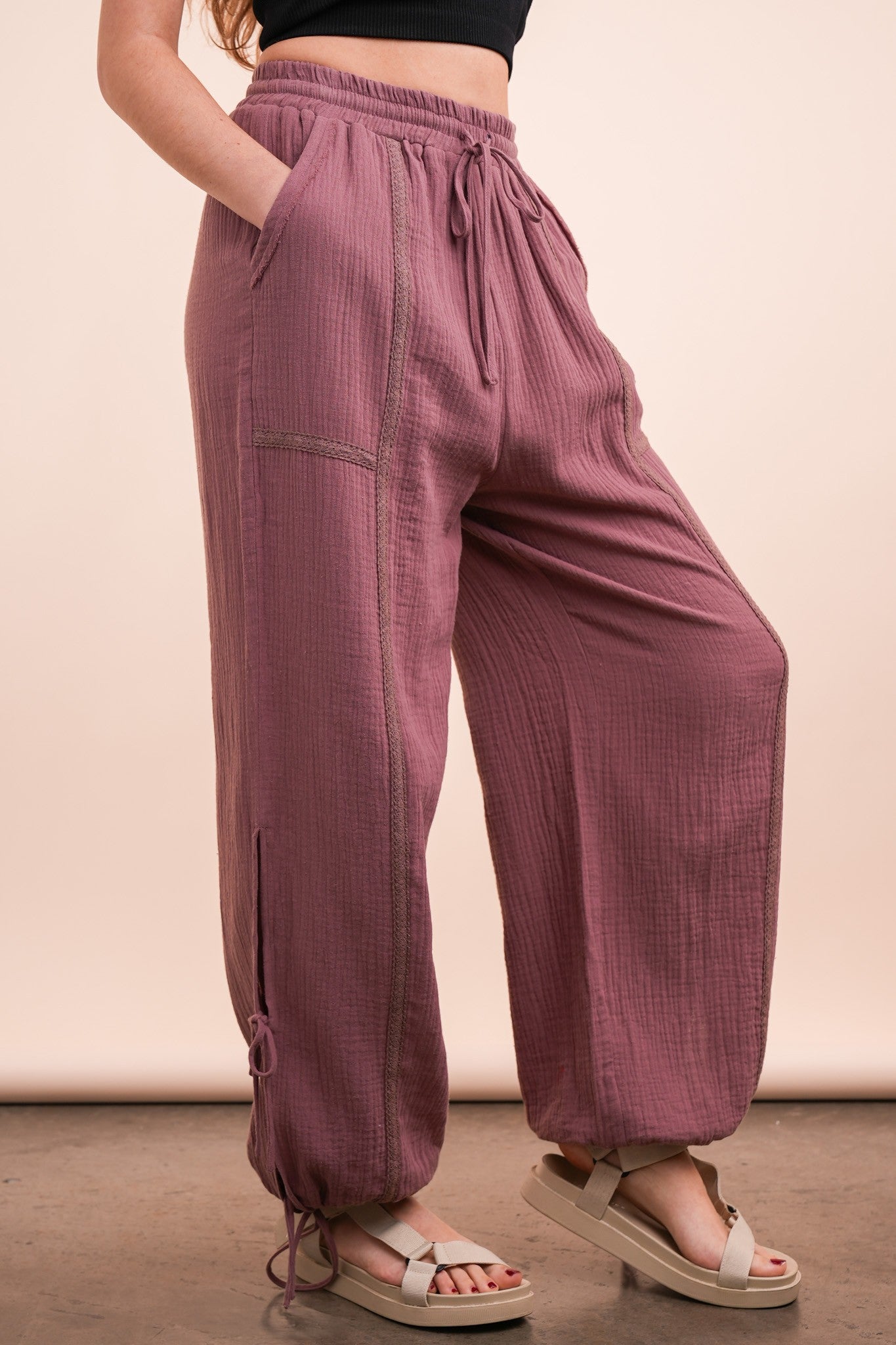 Side Tie Gauze Pants with Lace Detail