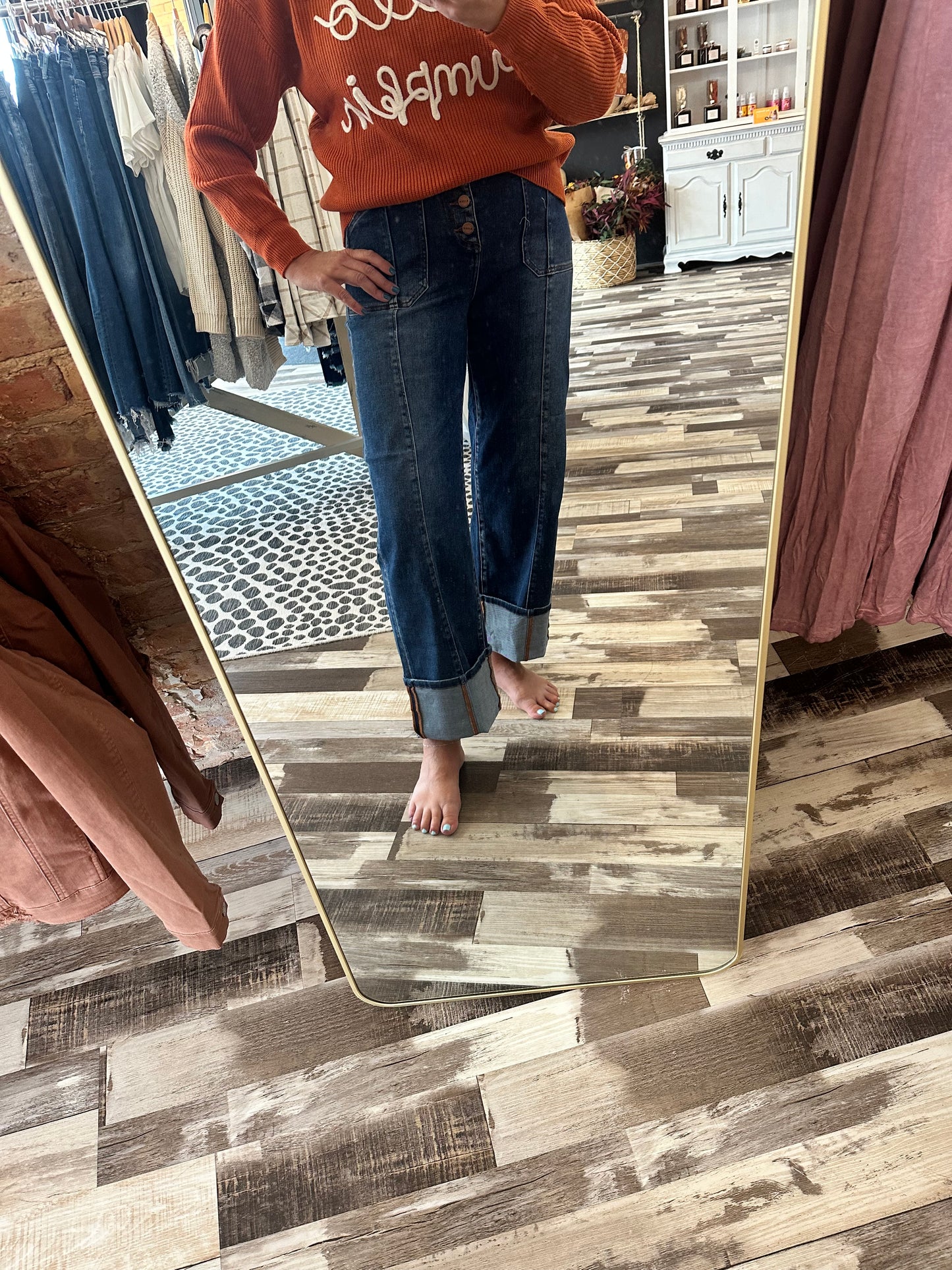 Risen High Rise Wide Leg Button Fly Cuffed Crop Denim