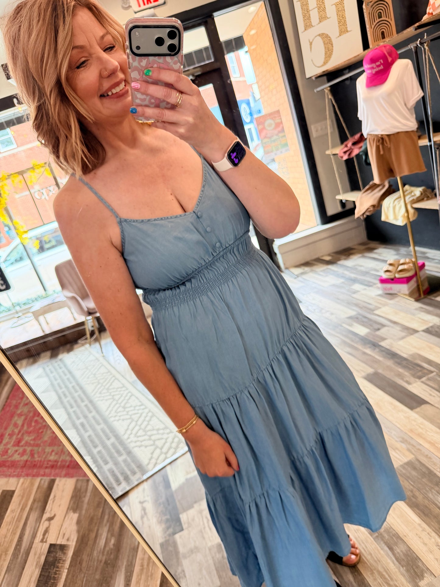 Chambray Tiered Midi Dress