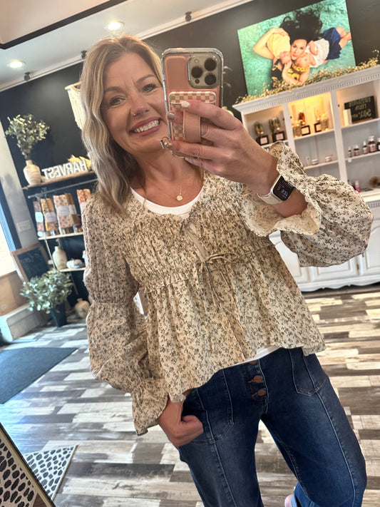 Ditsy Print Front Tie Ruching Detail Blouse