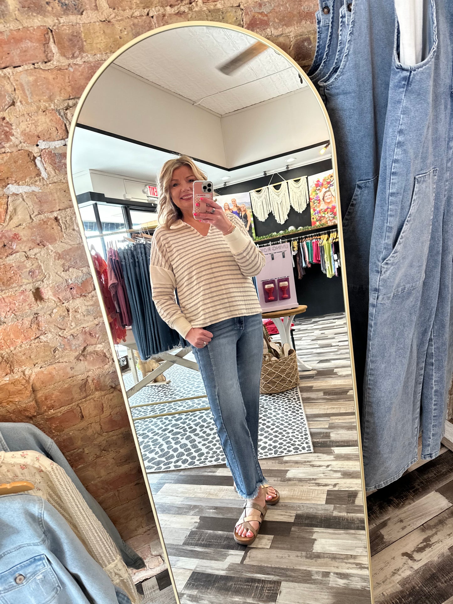 Striped Long Sleeve Collar Neck Pullover