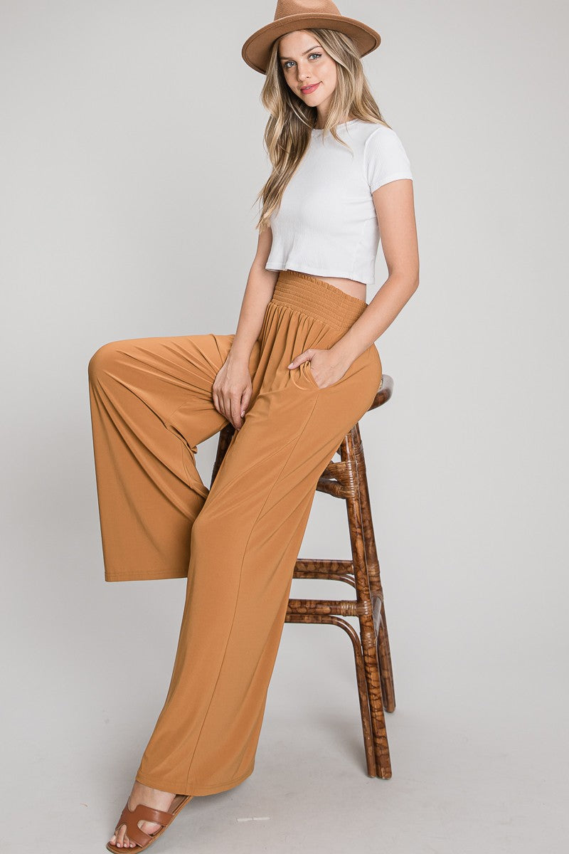 Solid Elastic Smocked Waist Knit Palazzo Pants