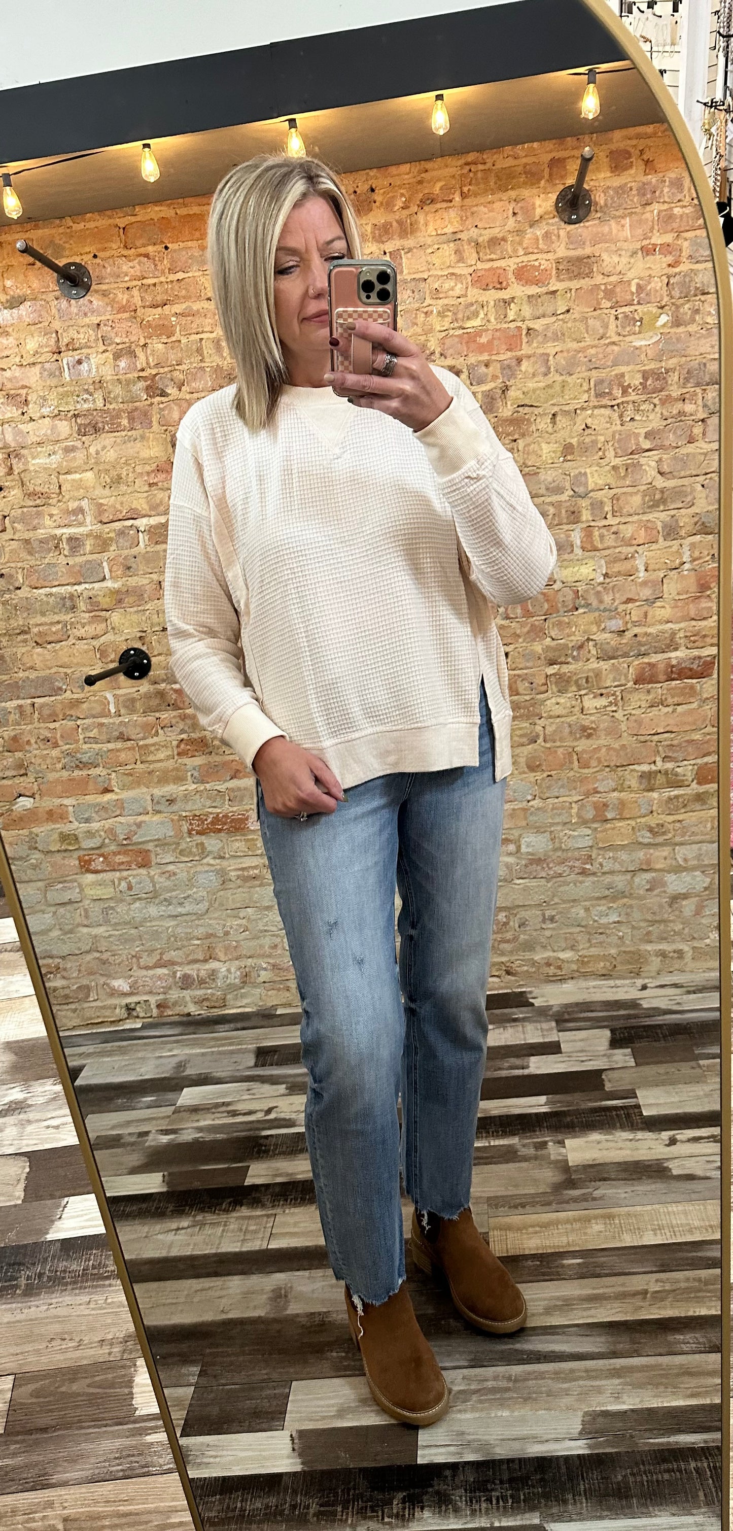 The Ivy Waffle Knit Round Neck Fabric Block Top