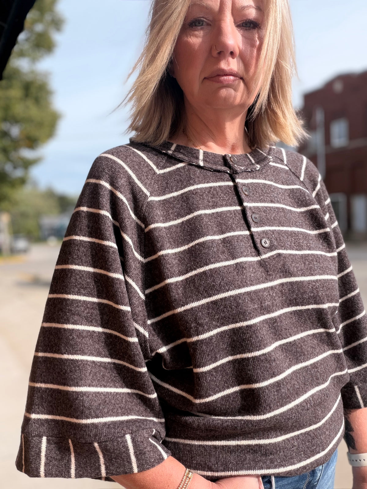 Leaves & Latte Striped Henley Wide LS Top