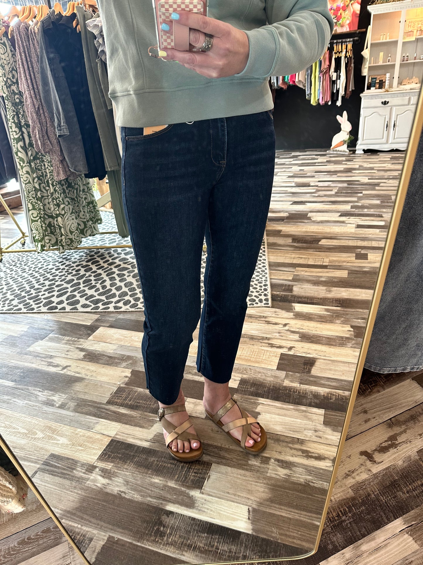 Risen Mid Rise Raw Edge Dark Jeans