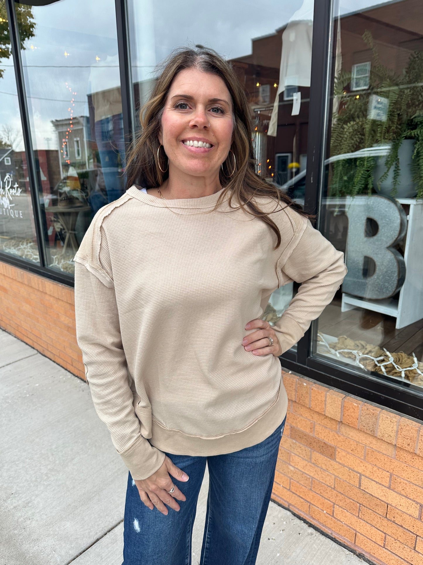 The Ellie Mineral Washed Elbow Patch Contrast Knit Top