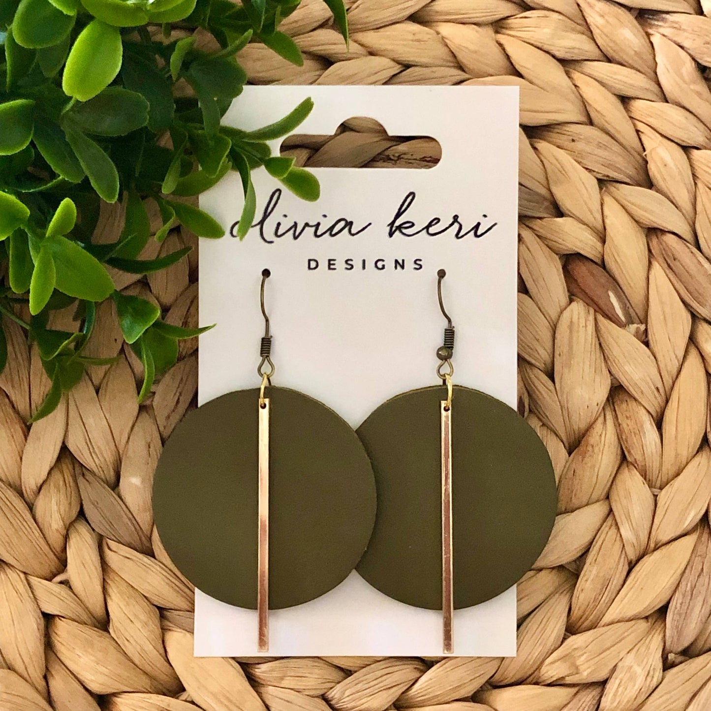 Lindsay - Olive Round Leather Dangle Earrings