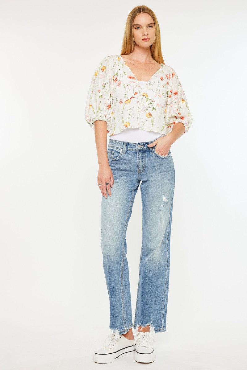 KanCan Mid Rise Destroyed Hem Straight Jeans