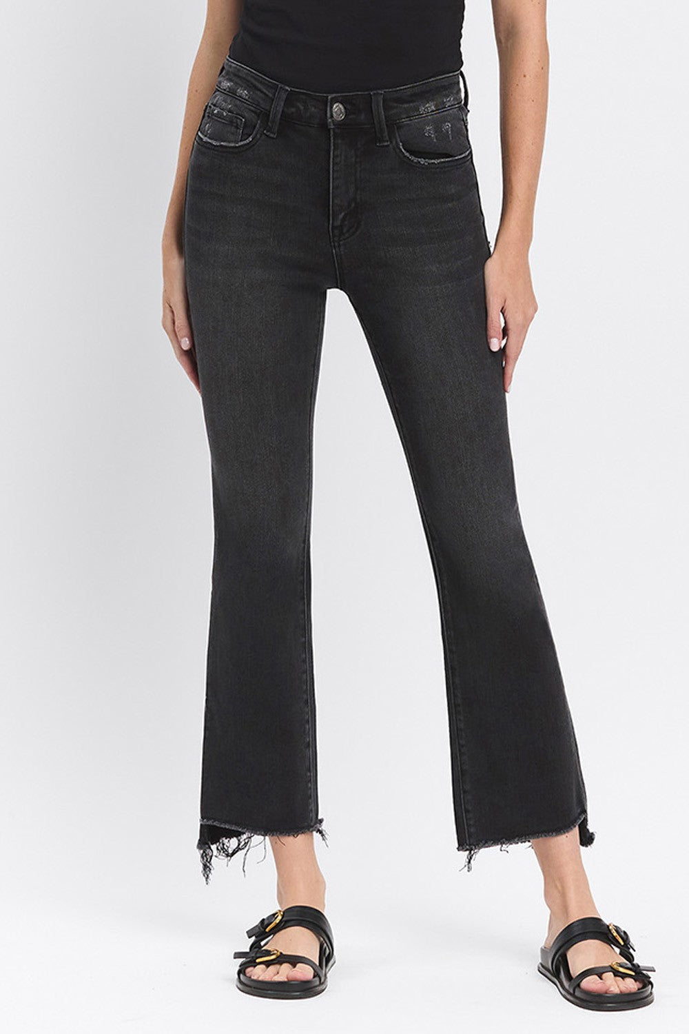 Vervet High Rise Raw Step Hem Black Crop Flare Jeans