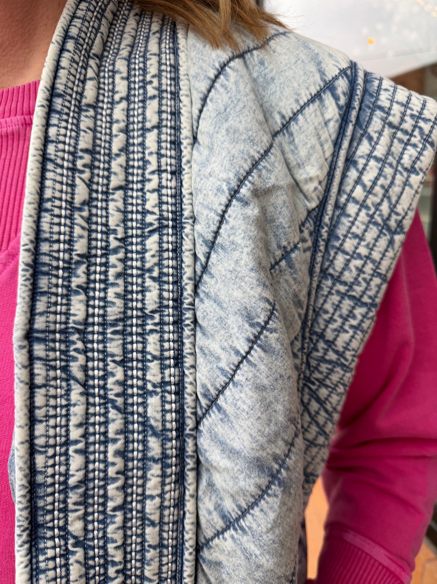 The Kinley Washed Denim Quilted Shawl Vest