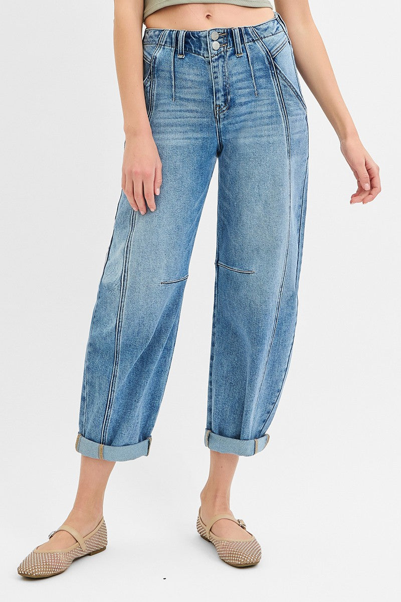 Risen Mid Rise Fit Ankle Barrel Double Roll Up Jeans