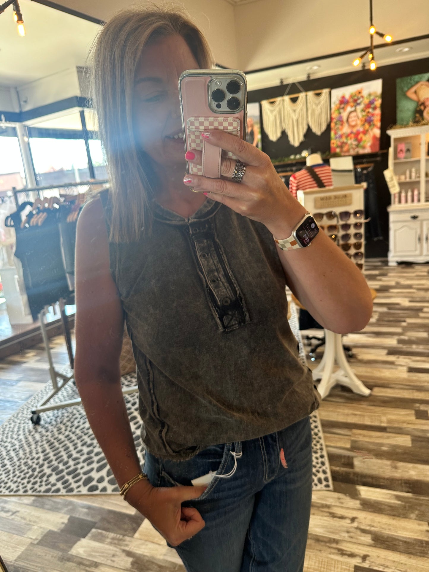 Washed Half-Button Raw Edge Sleeveless Henley Top