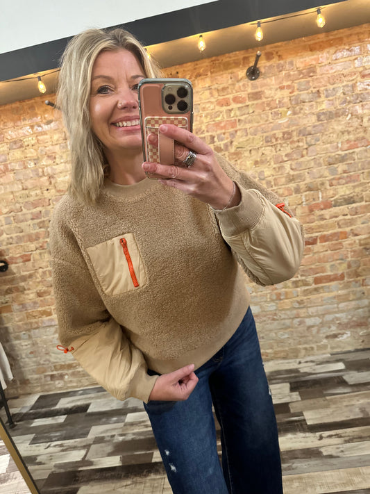 The Kiera Fuzzy Fleece Nylon Contrast Top