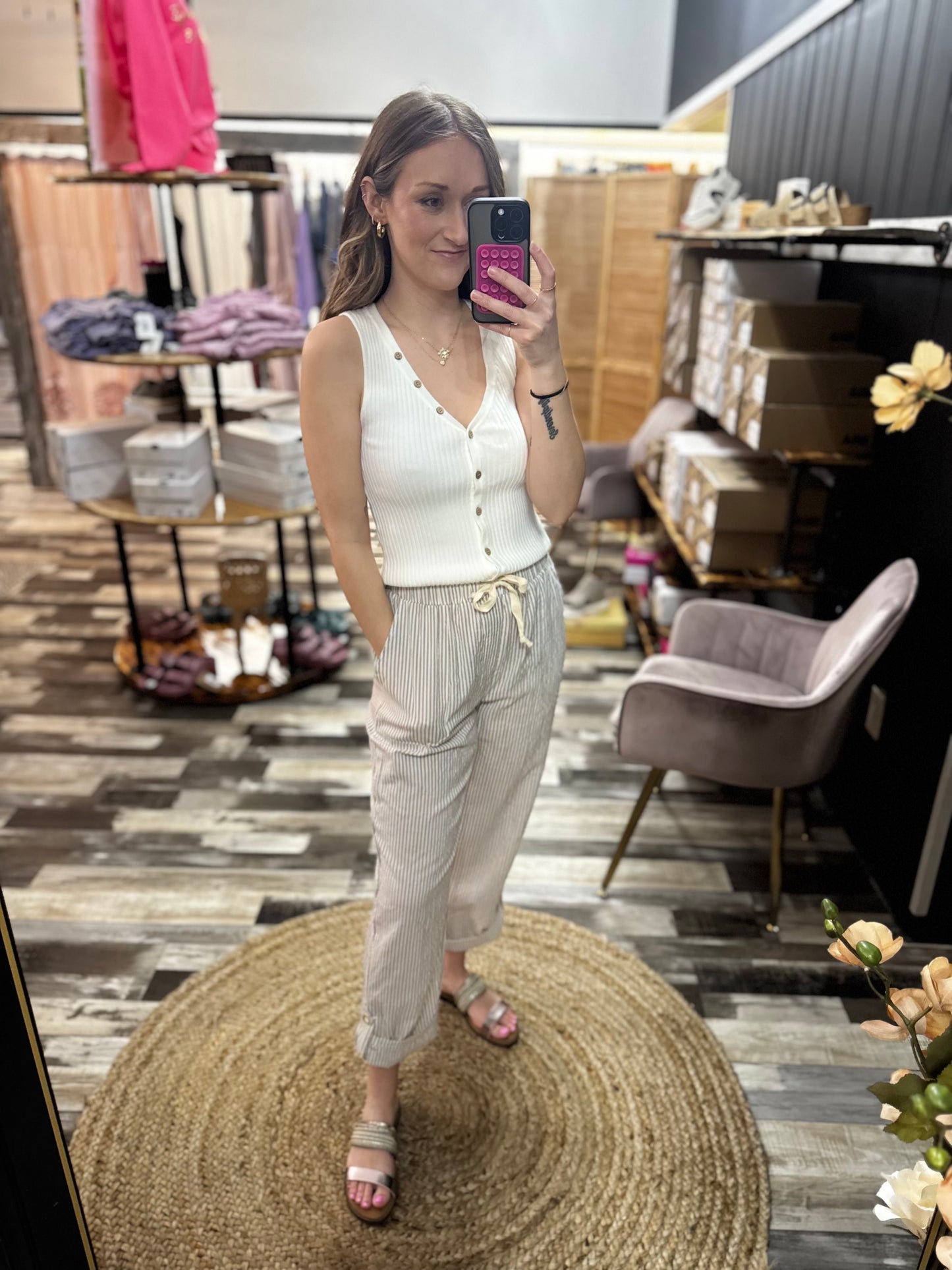 Rolled Hem Stripe Elastic Waist Pants