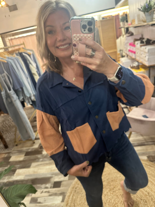 The Hanna Color Block Button Down Jacket with Side Pockets