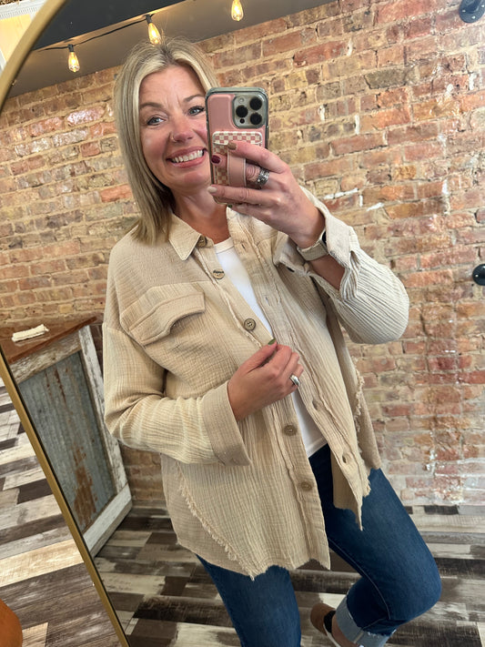 The Belle Mineral Washed Oversized Gauze Shacket