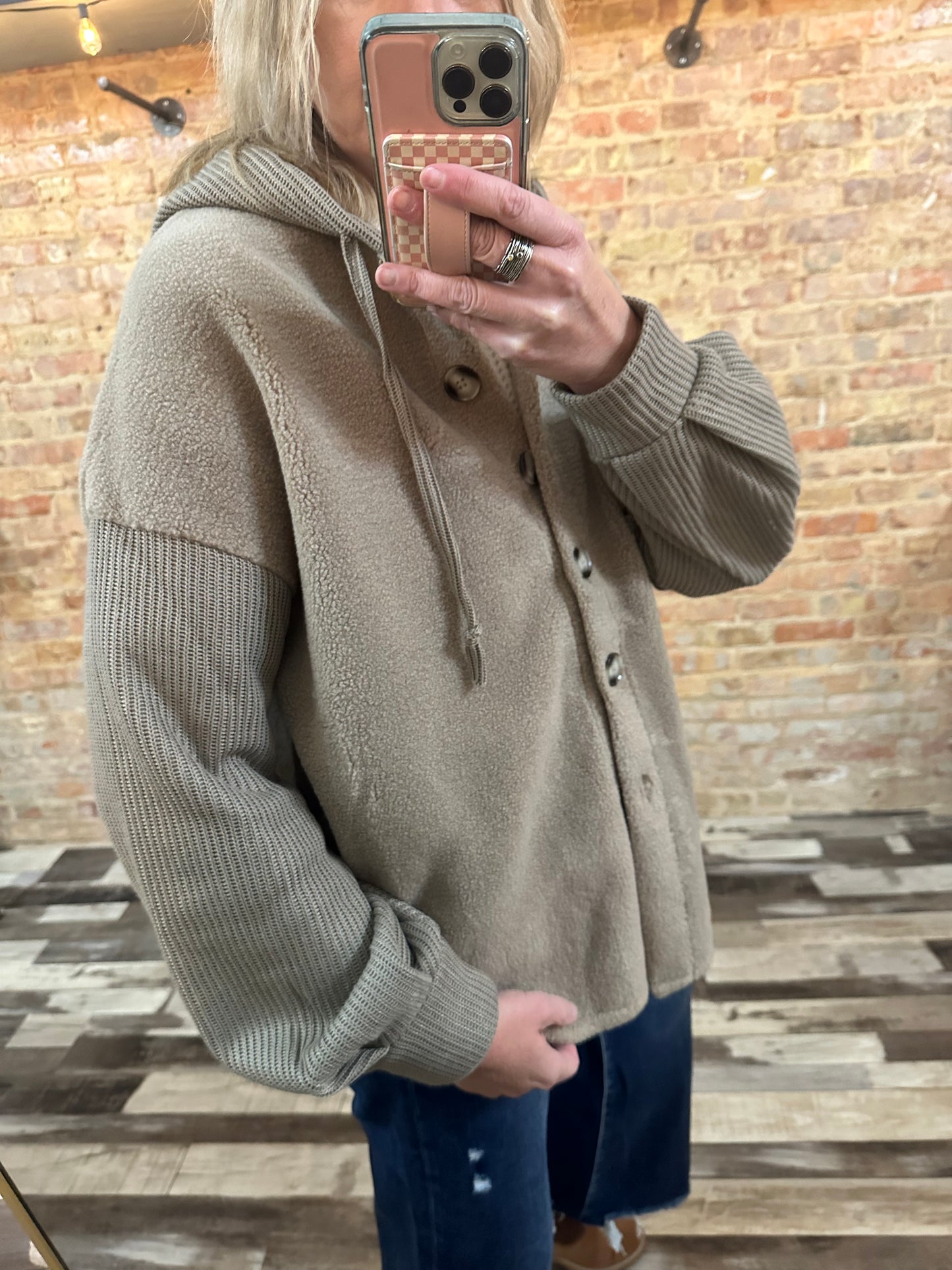 The Tara Rib Knit Contrast Sherpha Hooded Shacket