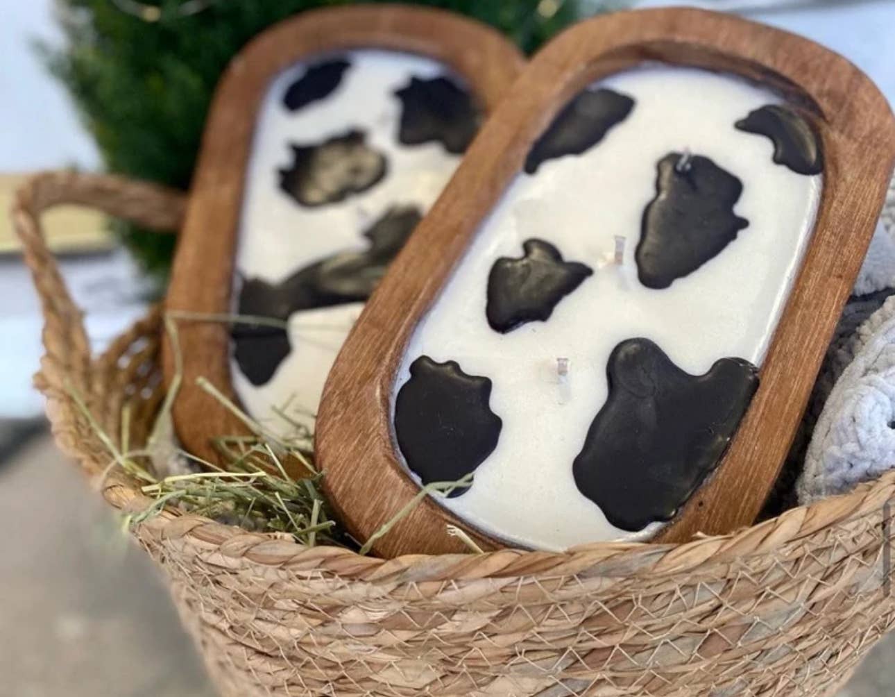 Oval Dough Bowl Soy Wax Candle with Cow Print