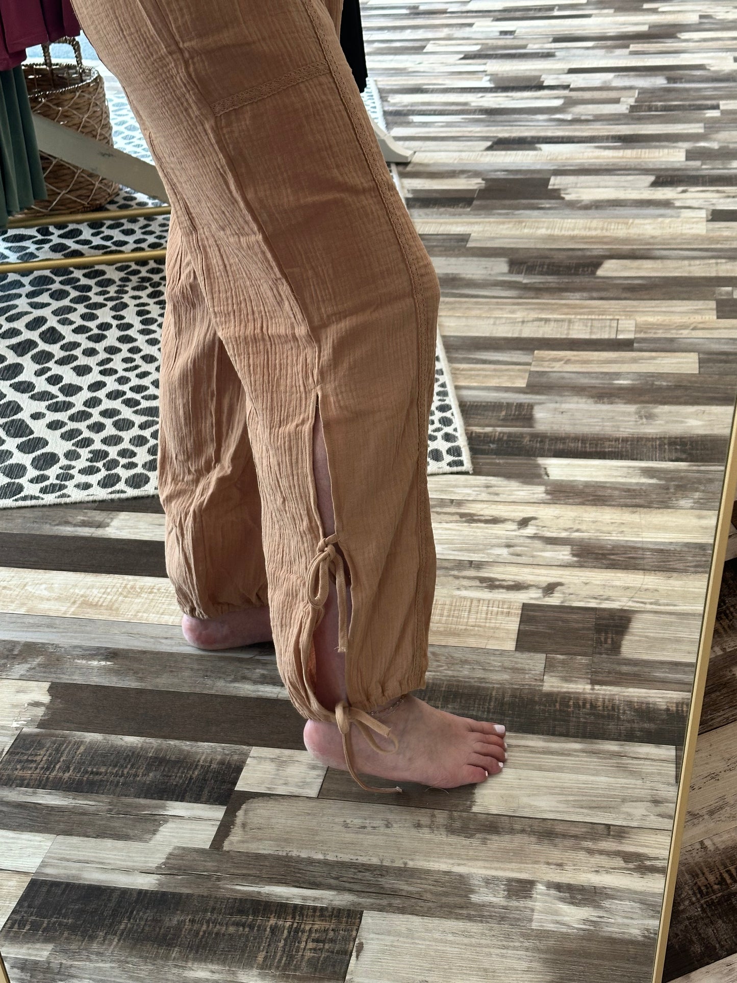 Side Tie Gauze Pants with Lace Detail