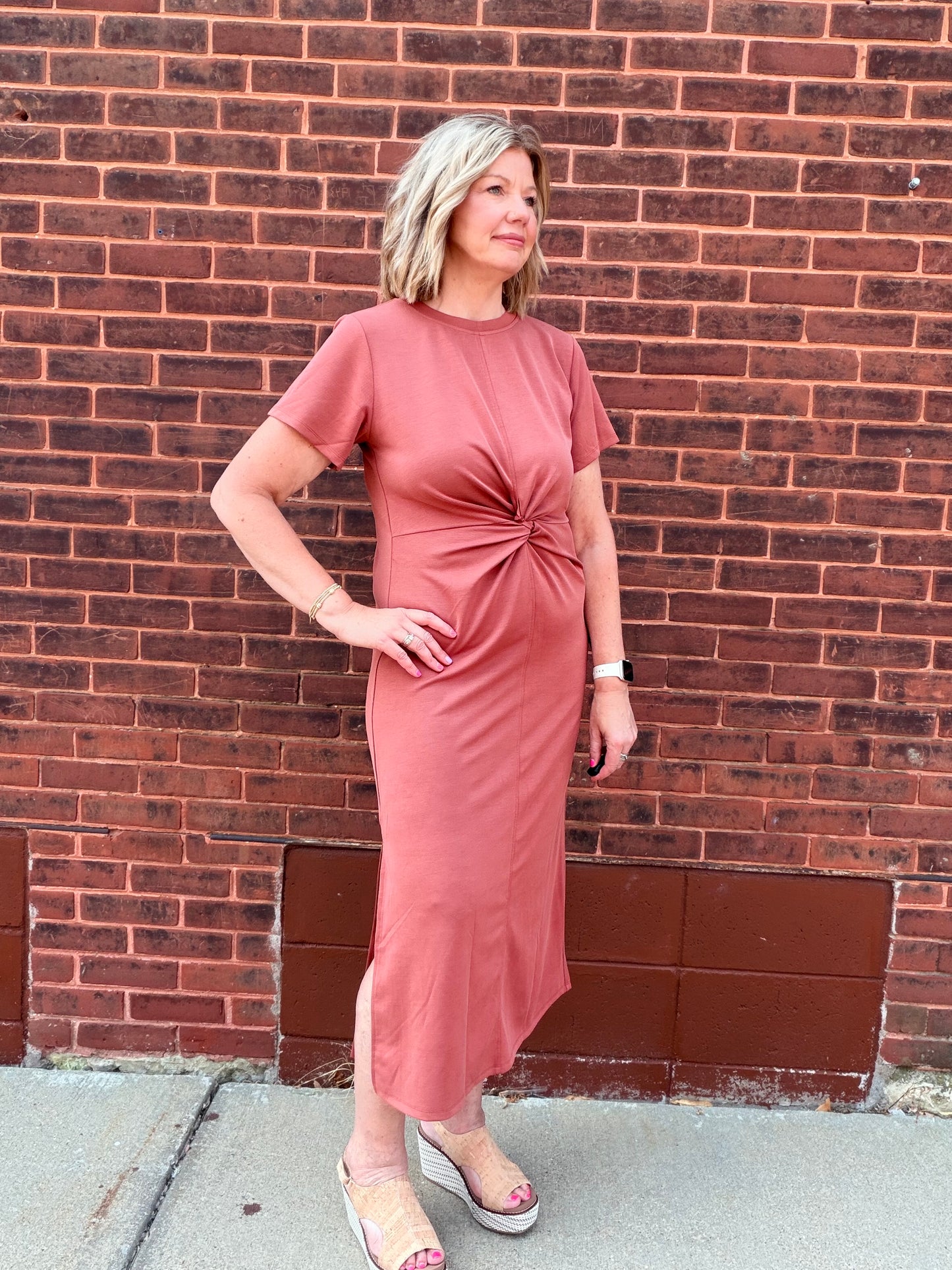 Twist Knot Detail Side Slit Maxi T-shirt Dress