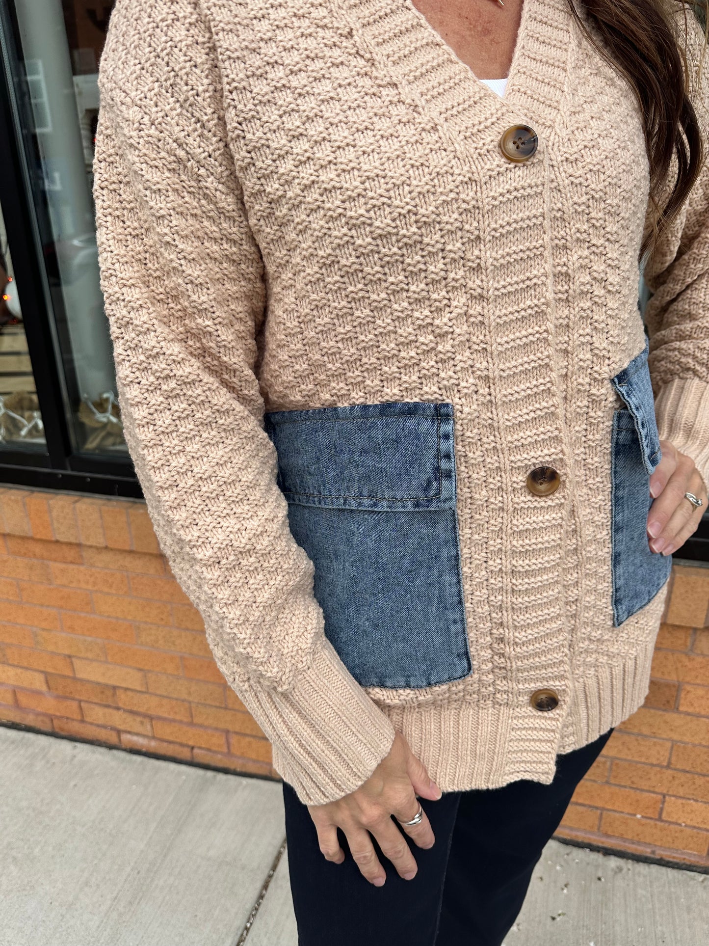 The Staci Open Front Denim Pocket Cardigan