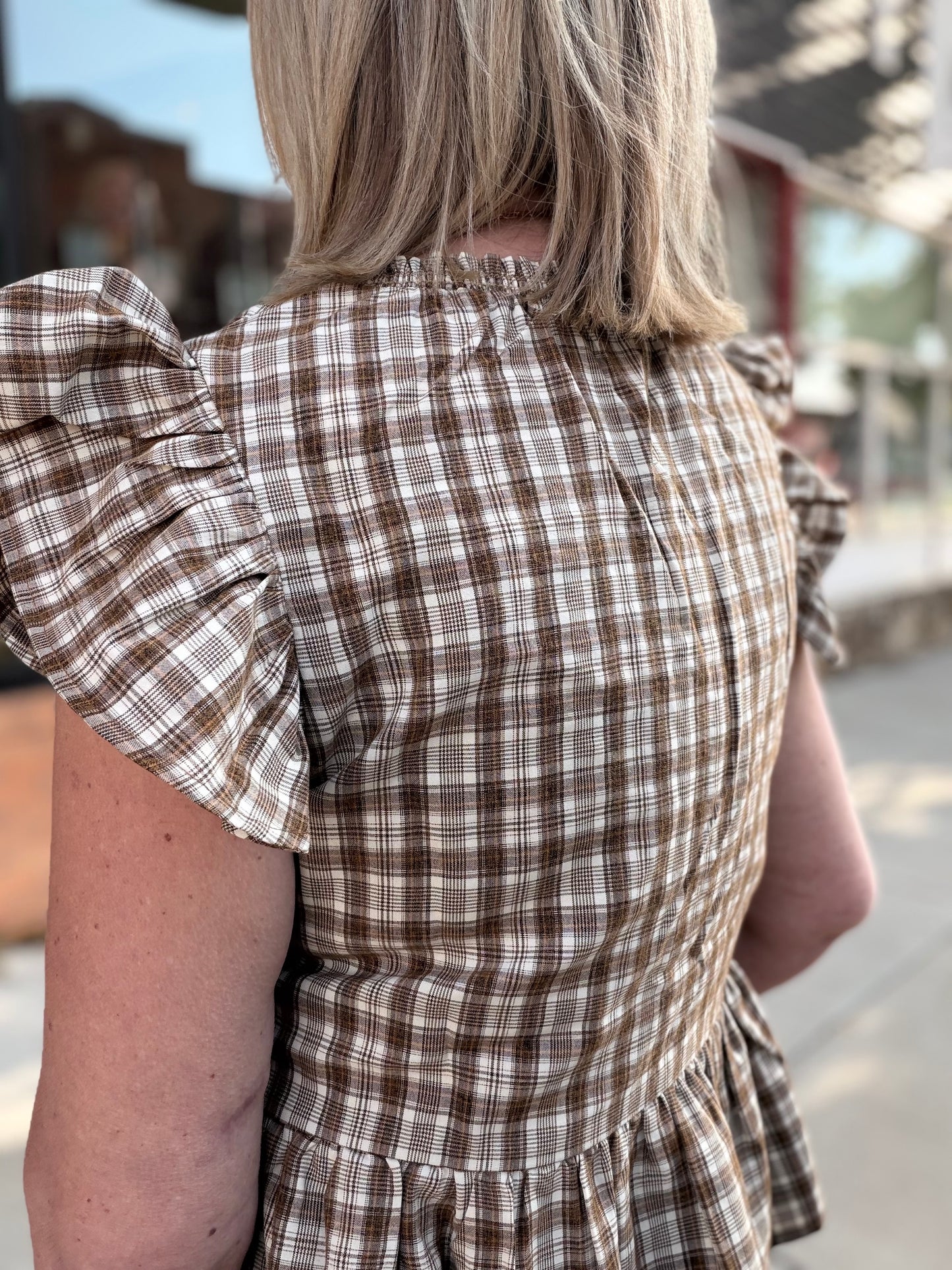 The Dexley Ruffled Plaid Blouse