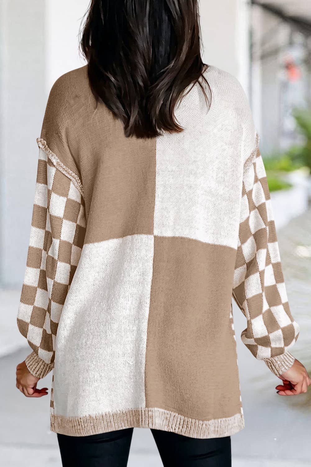 Checkered Pattern Open Front Drop Shoulder Cardigan