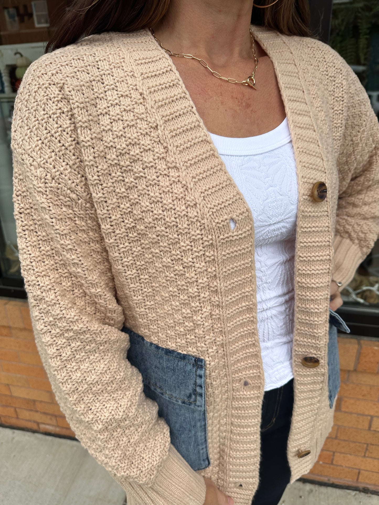 The Staci Open Front Denim Pocket Cardigan