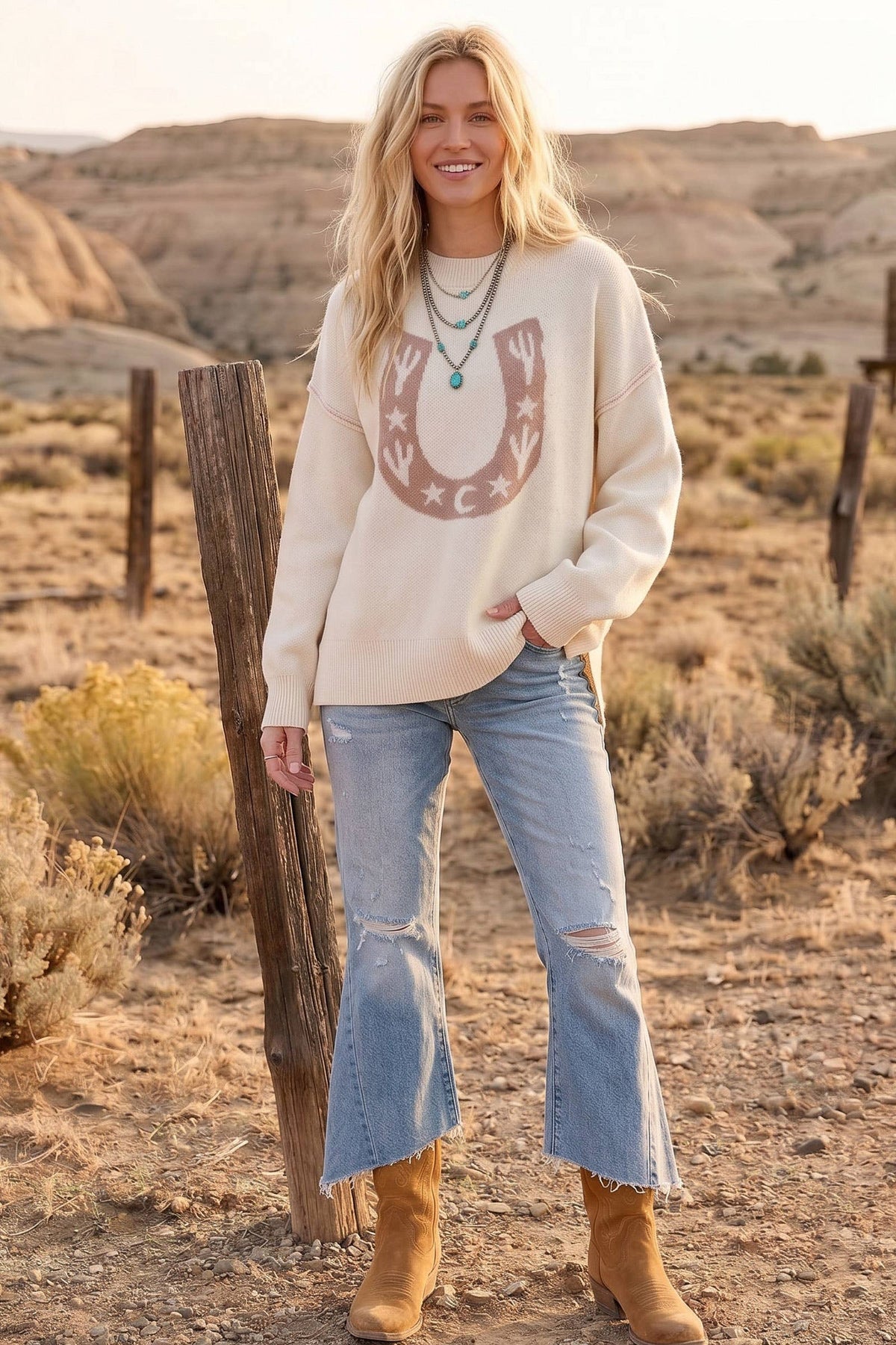 Western Horseshoe Cactus Knit Sweater
