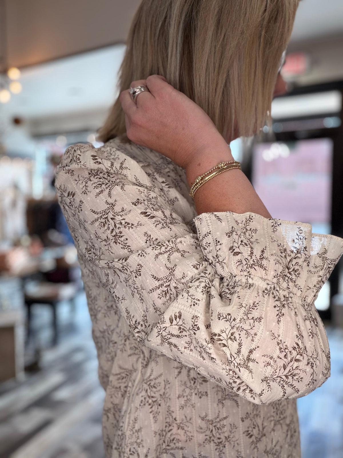 The Reese Floral Leaf Print Split Neck LS Blouse