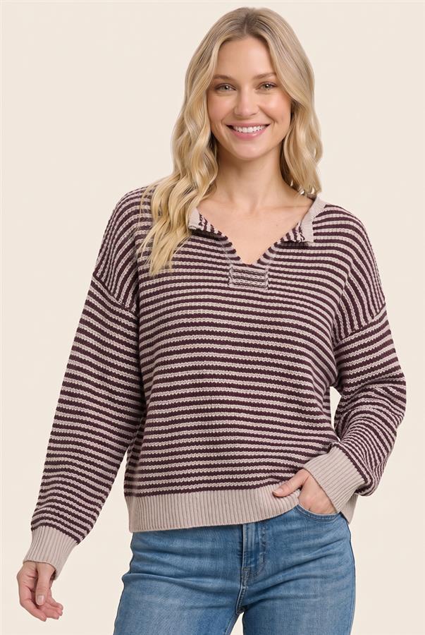 The Sadie Y Slit Neck Waffle Pinstriped Sweater