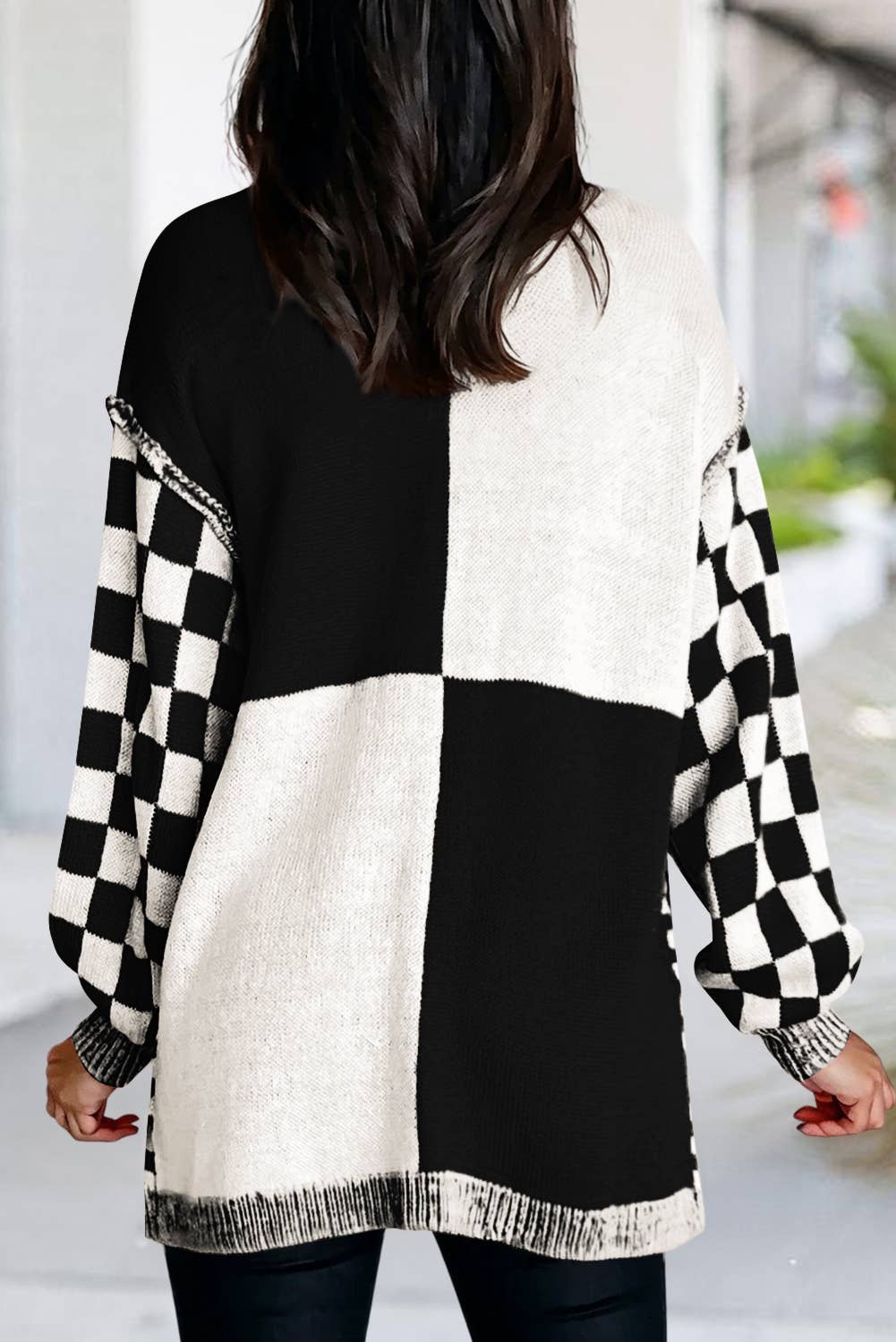 Checkered Pattern Open Front Drop Shoulder Cardigan