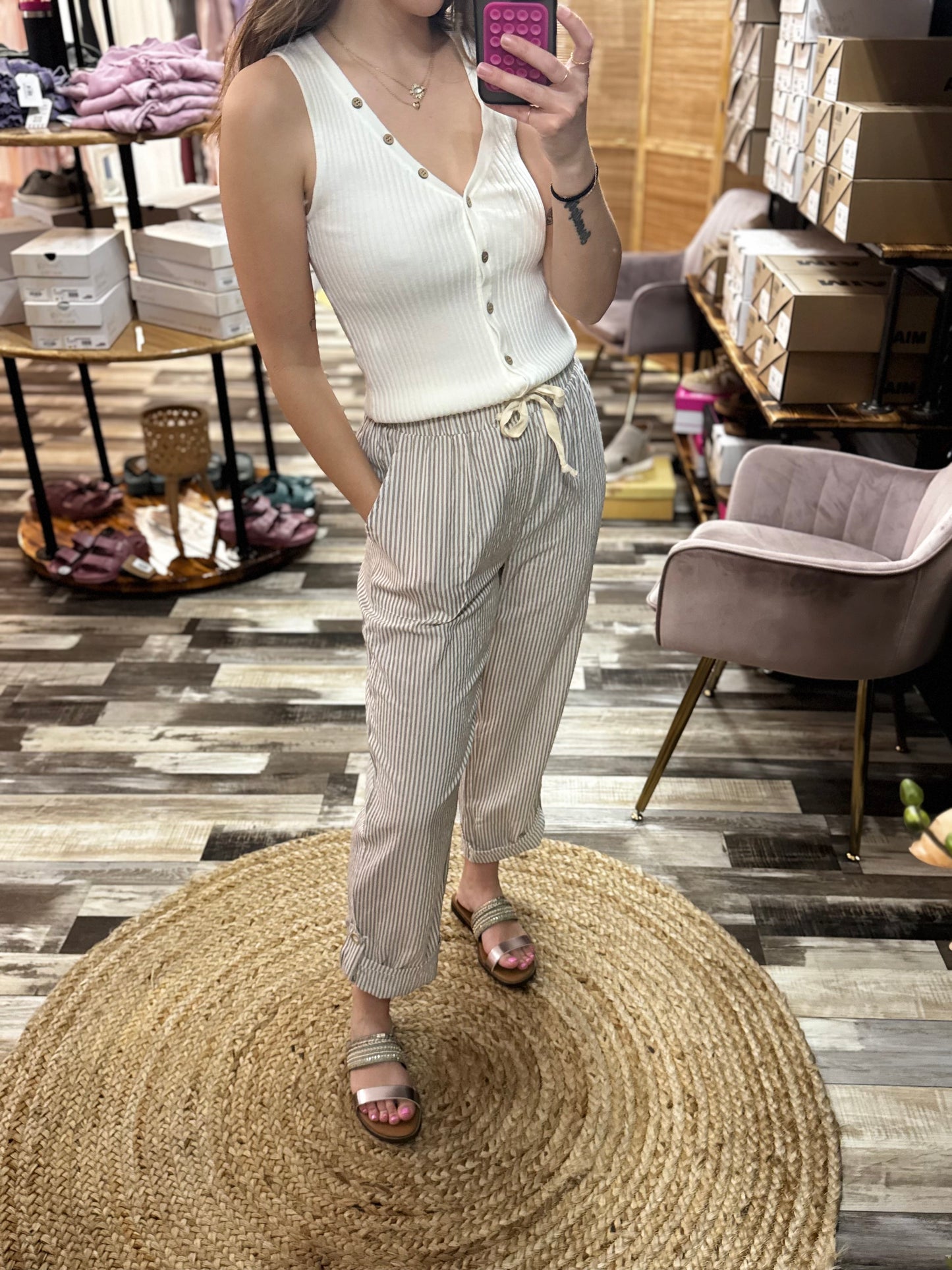Rolled Hem Stripe Elastic Waist Pants