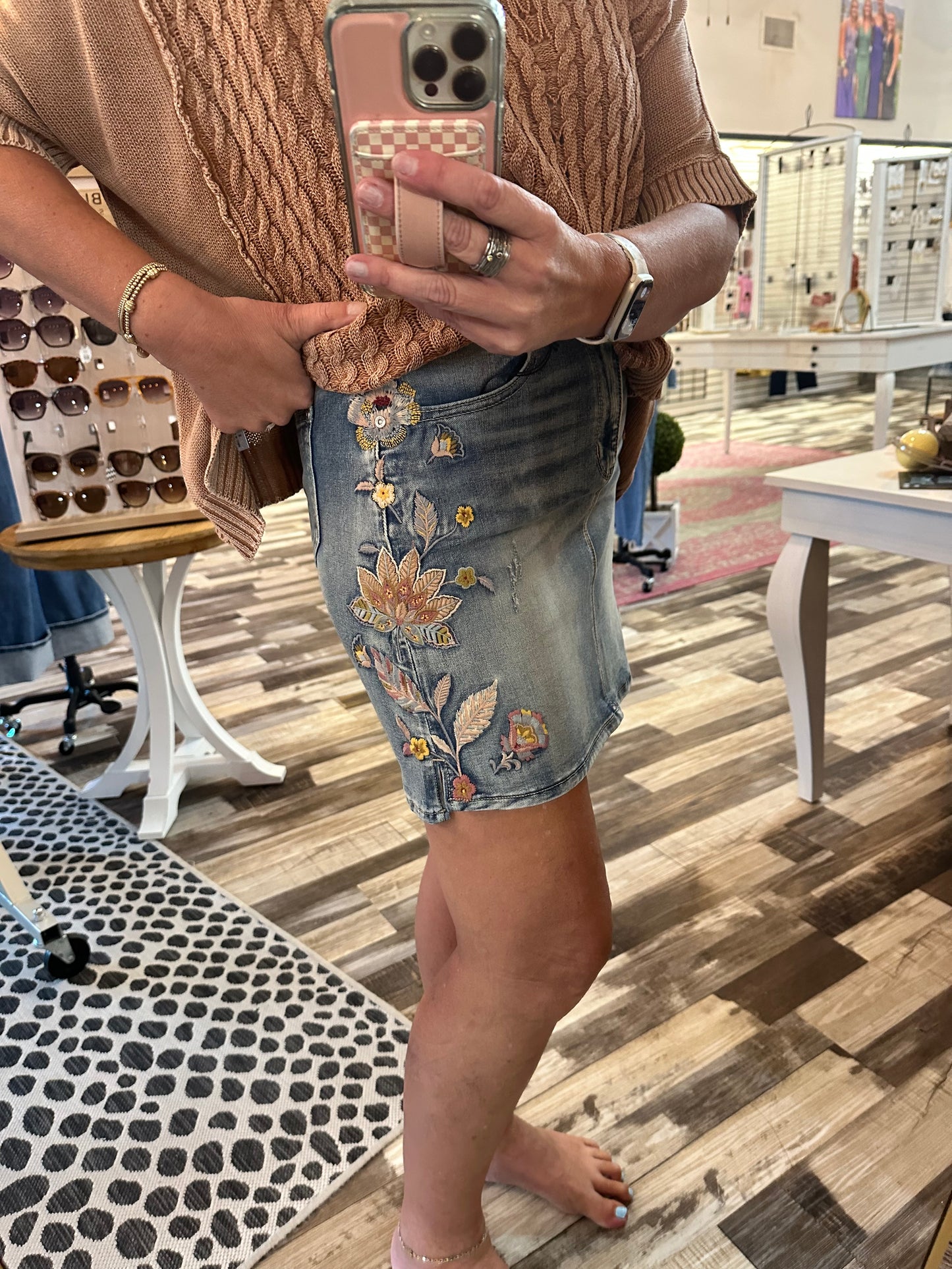 Floral Embroidered Denim Skirt