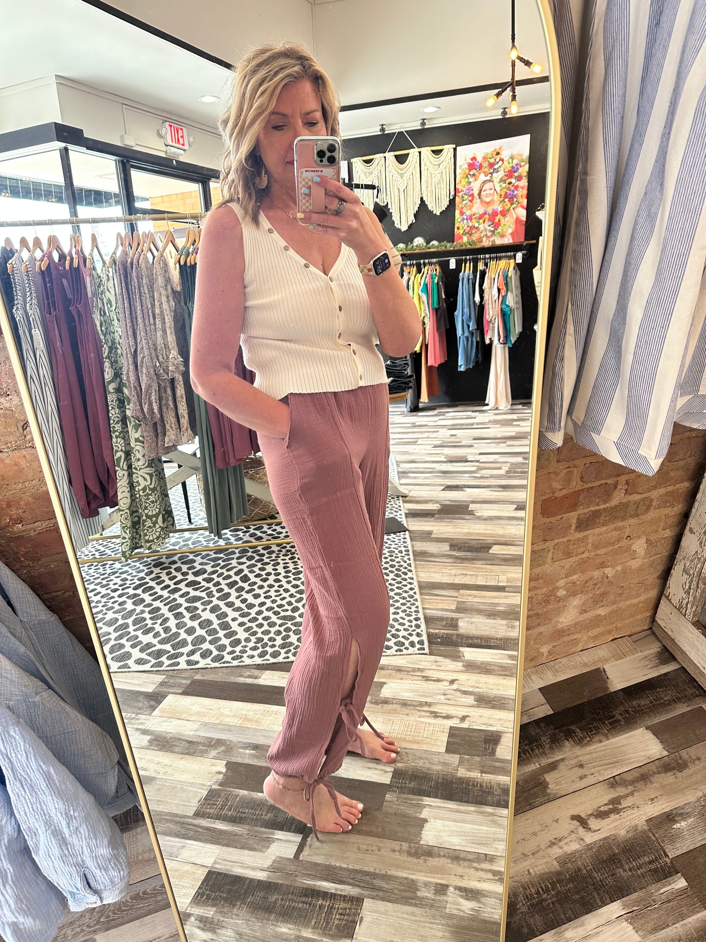 Side Tie Gauze Pants with Lace Detail