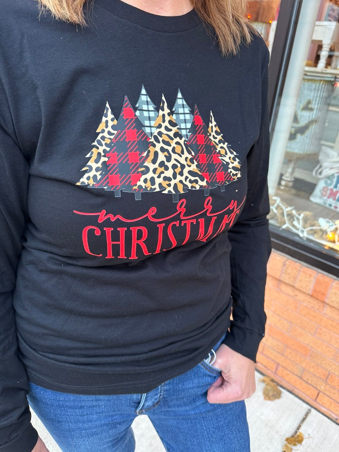 Merry Christmas Leopard Trees Long Sleeved Tee
