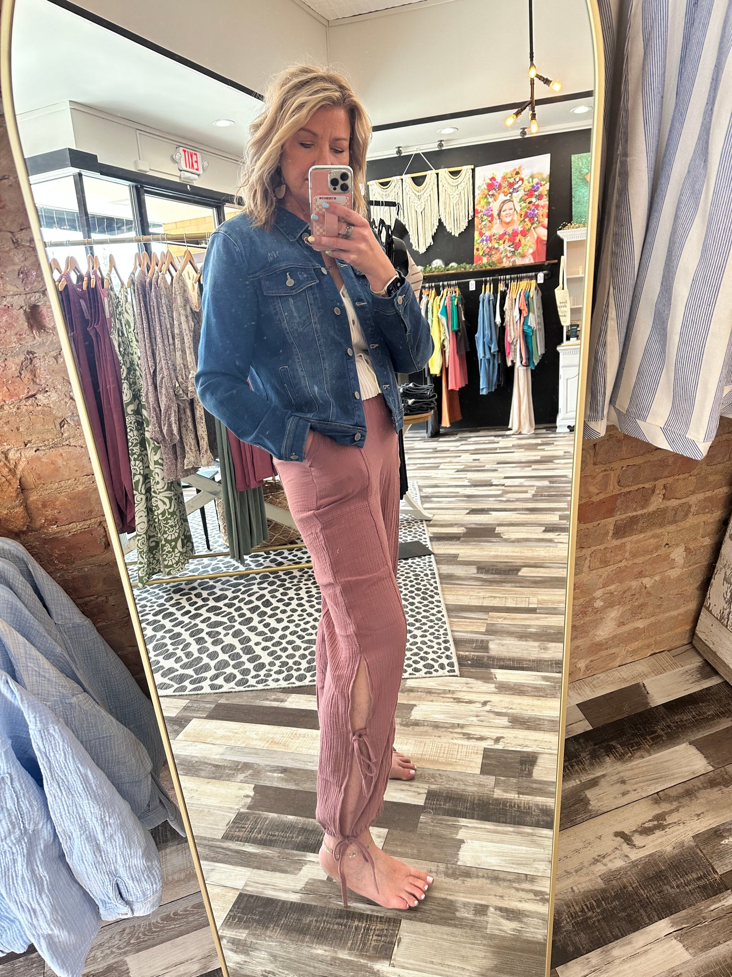 Side Tie Gauze Pants with Lace Detail