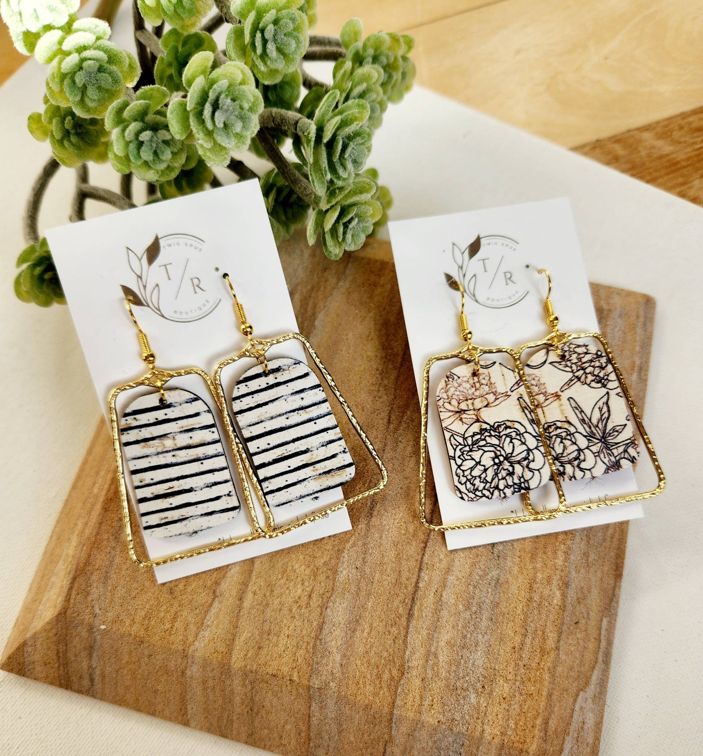 Twig & Rue - Chloe| Black & White collection, leather and gold statement: Striped / Gold Plated
