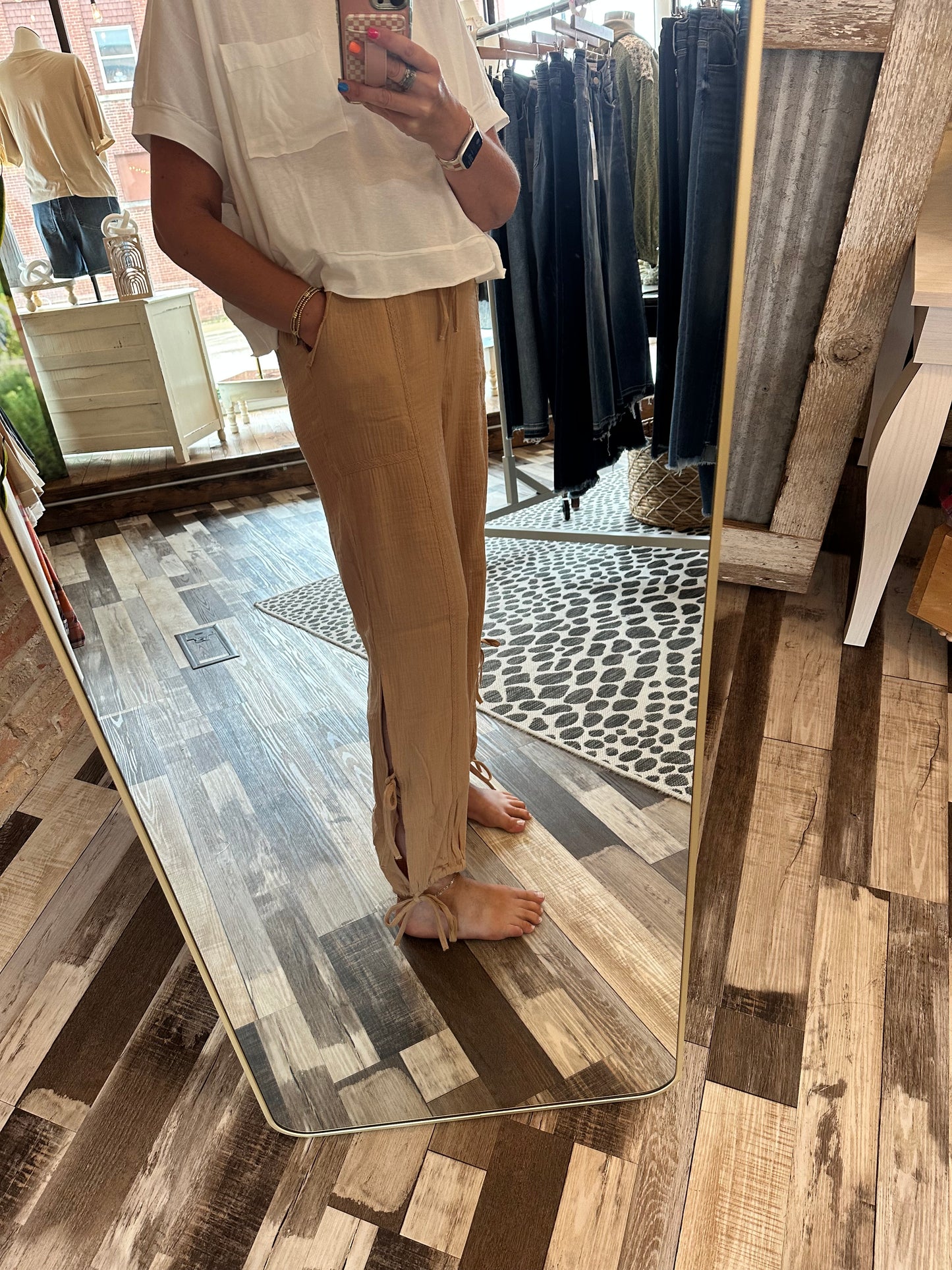 Side Tie Gauze Pants with Lace Detail