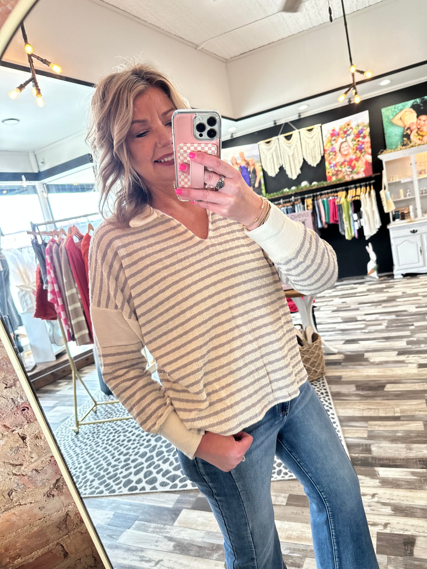 Striped Long Sleeve Collar Neck Pullover