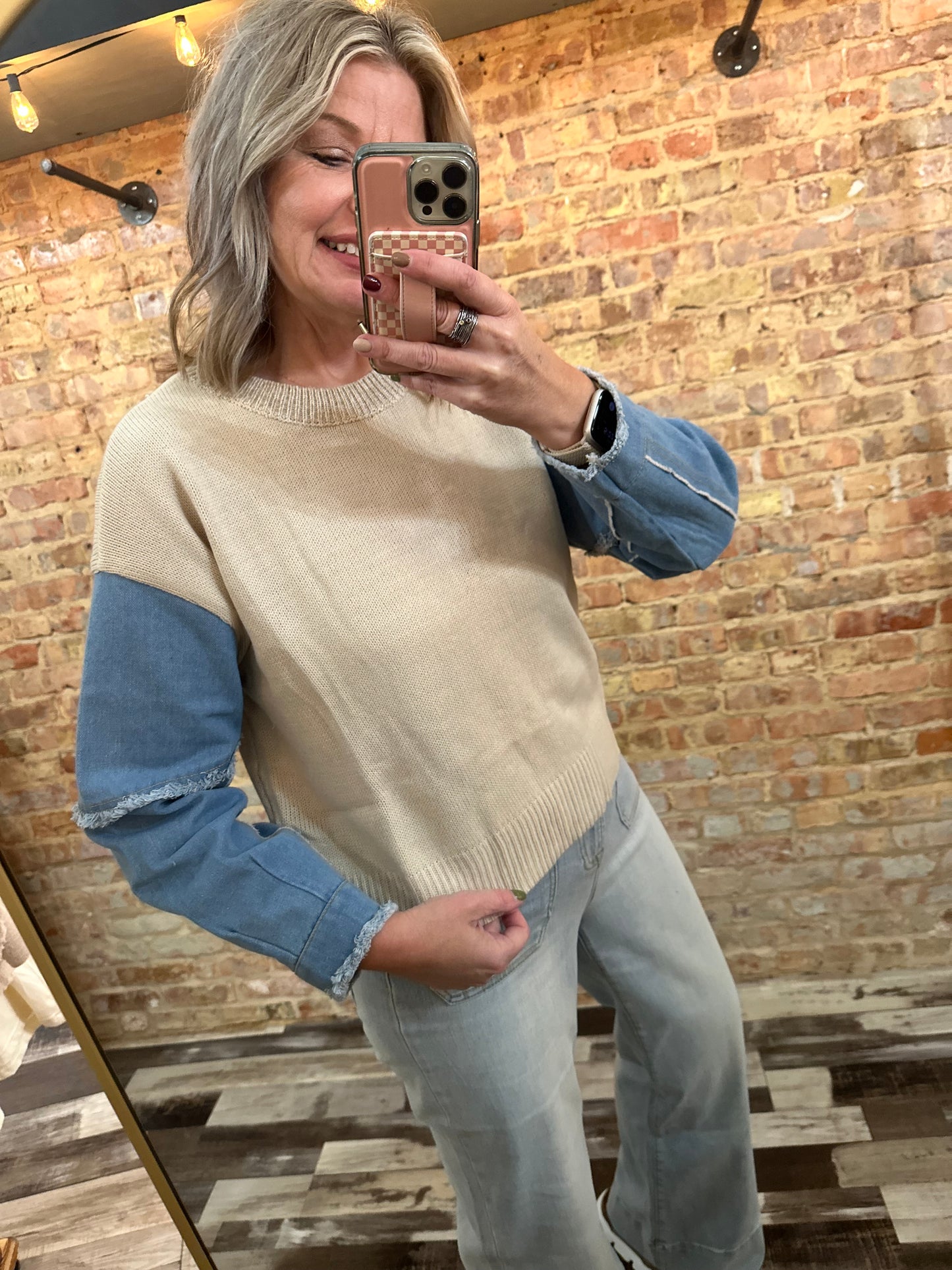 The Gracey Denim Sleeve Contrast Distressed Sweater Top