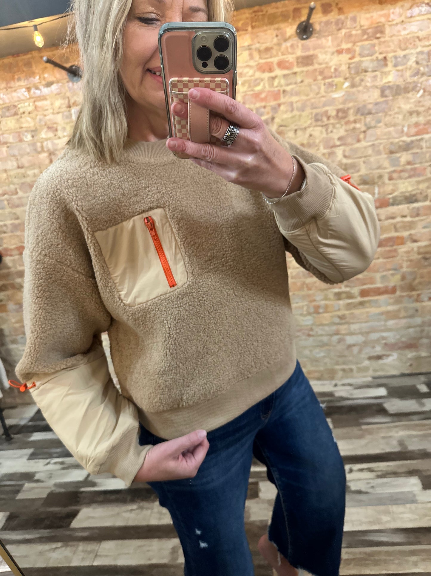 The Kiera Fuzzy Fleece Nylon Contrast Top