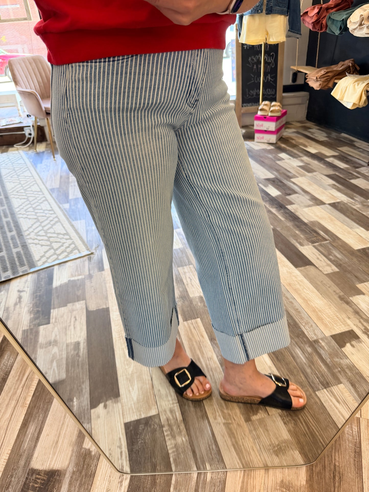 Vervet High Rise Cuffed Striped Crop Wide Jeans