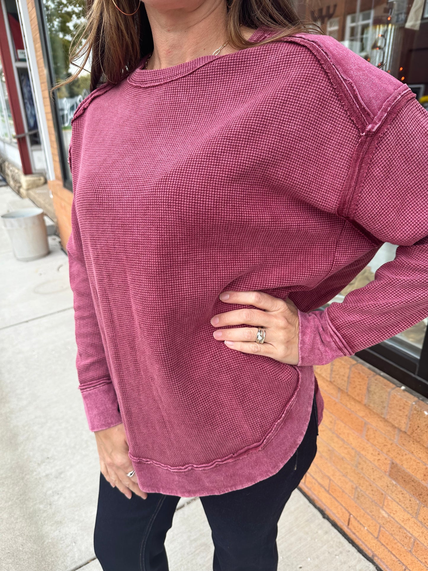 The Ellie Mineral Washed Elbow Patch Contrast Knit Top