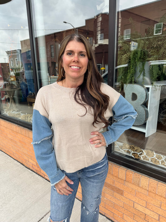 The Gracey Denim Sleeve Contrast Distressed Sweater Top