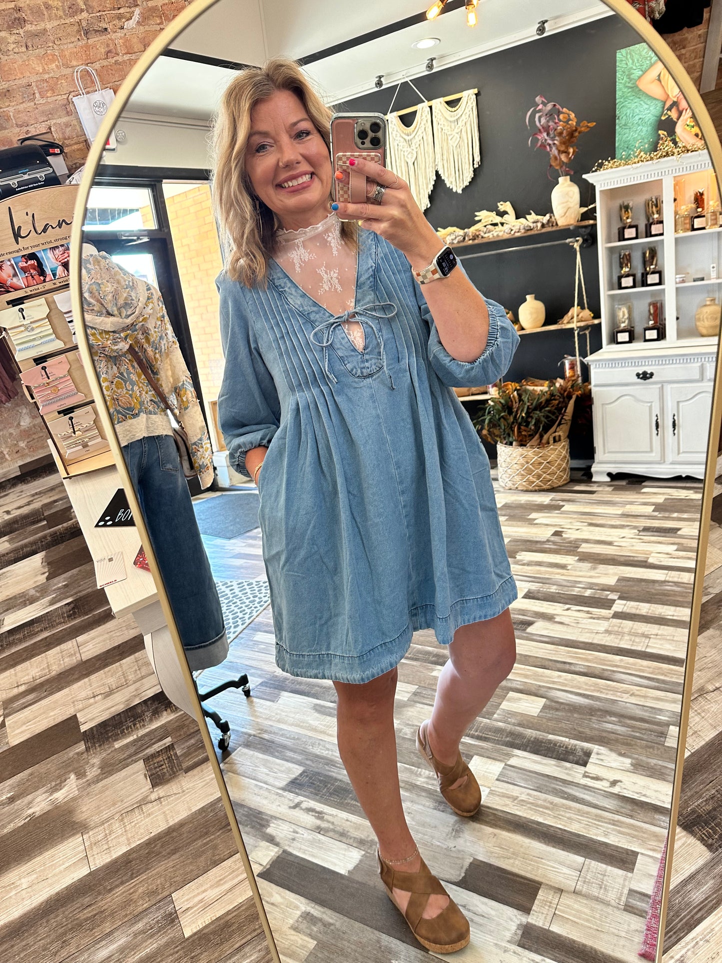 The Nadia V-neck 3/4 Sleeve Pleated Denim Dress