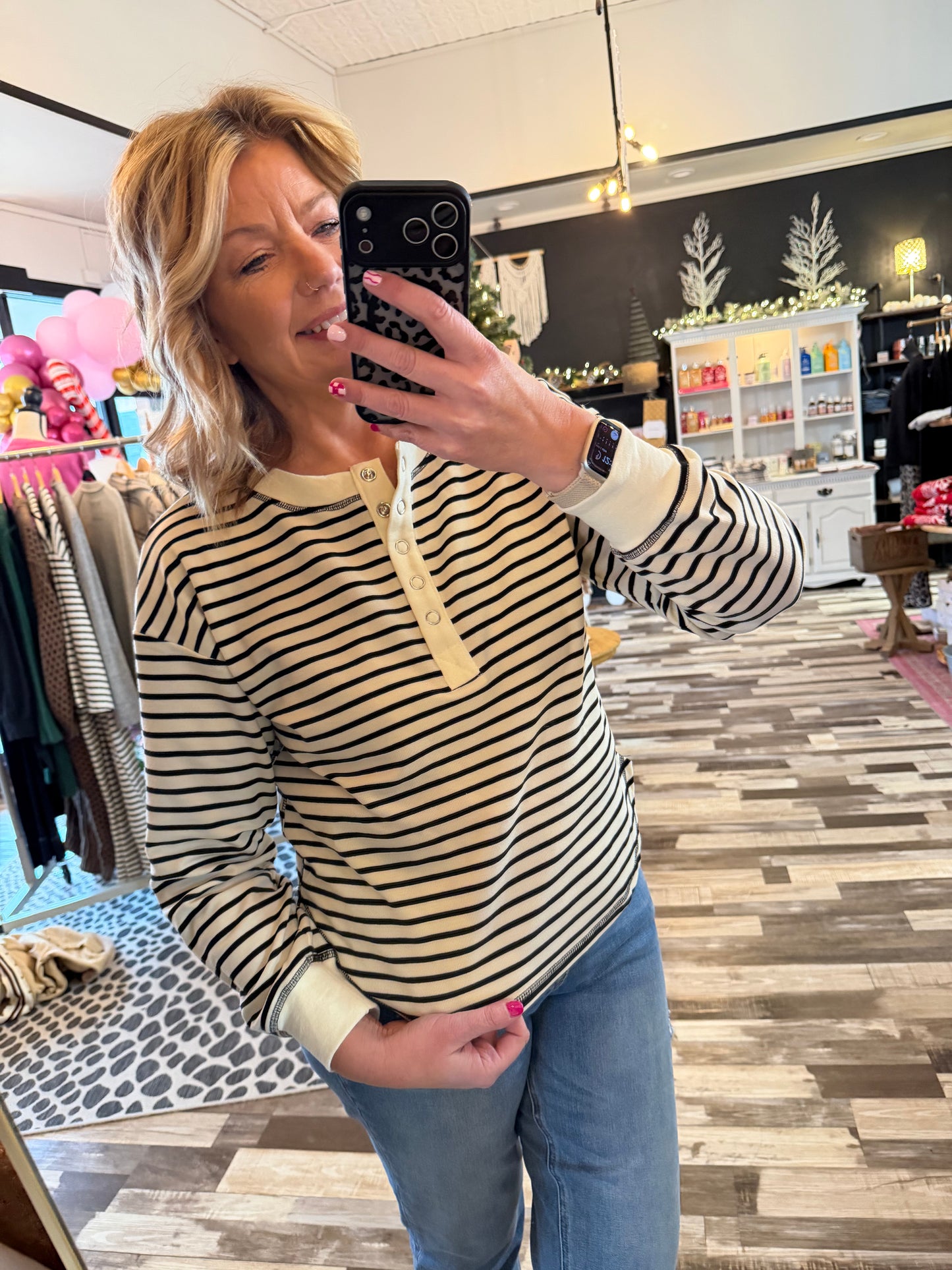 Stripe Henley Snap Button Long Sleeve Knit Top