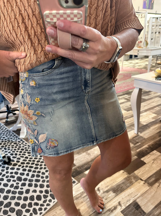 Floral Embroidered Denim Skirt